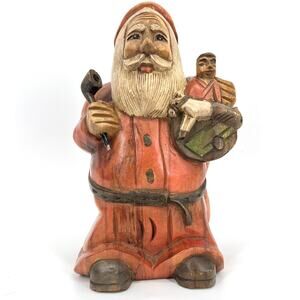 Vintage 80s Solid Wood Hand Carved Primitive Santa with Toy Sack and Pipe